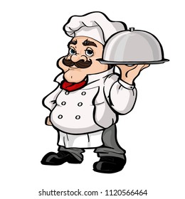 Smiling Chef cartoon character holding silver platter vector