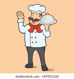 Smiling Chef cartoon character holding silver platter with gesturing ok sign vector illustration