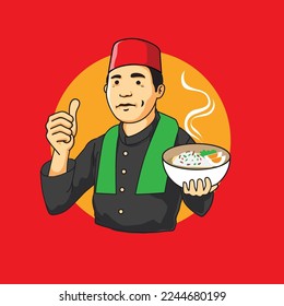 Smiling Chef cartoon character holding a Bowl of soto. Character Design cheft. Vector Design