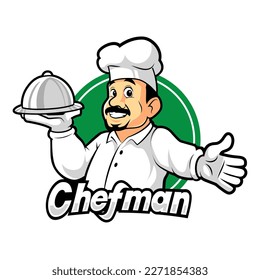 Smiling Chef cartoon character holding a silver plate