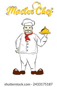 Smiling Chef cartoon character holding silver platter