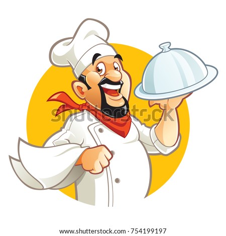 Smiling Chef cartoon character holding silver platter
