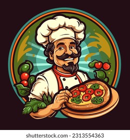 Smiling Chef cartoon character. Pizzeria symbol or label - Italian cuisine. Cartoon vector illustration. isolated background, label, sticker