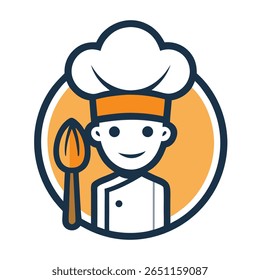 Smiling chef cartoon logo with orange headband, white hat, and spoon inside round orange badge.