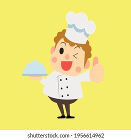 smiling chef cartoon with silver tray