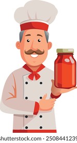 Smiling chef character holding jar of tomato sauce or ketchup