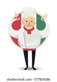 Smiling chef cook show okay. Vector illustration. Isolated on italian flag background.