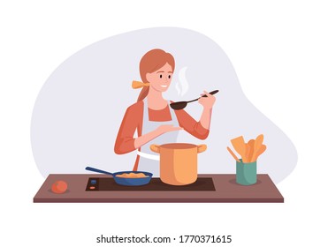 Smiling chef cooking on kitchen table. Wife cooked soup and tastes it with a spoon. Vector illustration home concept preparing homemade meals for dinner.