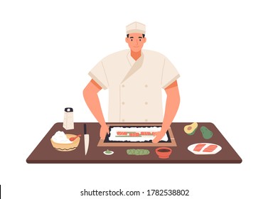 Smiling chef cooking sushi at kitchen table vector flat illustration. Professional kitchener making traditional Japanese food isolated. Process preparation of Asian dish with fresh ingredients