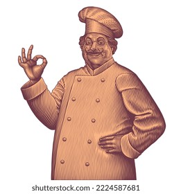 Smiling chef. Editable hand drawn illustration. Vector vintage engraving. Isolated on white background. 8 eps