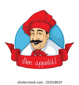 Smiling chef face with inscription "Bon Appetit!". Logotype, label. Vector illustration.