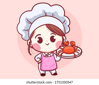 Smiling Chef Female. Girl Holding Crab Seafood Cartoon Art Illustration Logo. Premium Vector