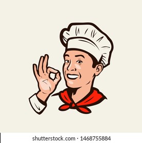 Smiling chef gesture of delicious. Menu, restaurant, food emblem. Vector illustration