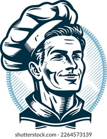 Smiling chef with hat . Editable hand drawn illustration. Vector vintage engraving. Woodcut illustration. Isolated on white background. 10 eps
