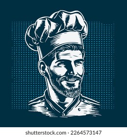 Smiling chef with hat potrait. Editable hand drawn illustration. Vector vintage engraving. Woodcut illustration. Isolated on white background. 10 eps