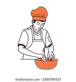 Smiling chef holding bowl mixing organic flour over white