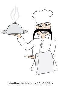 smiling chef holding hot dish vector illustration