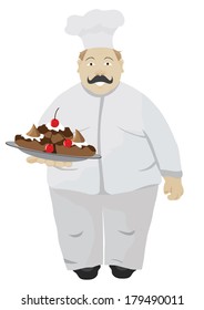 Smiling chef with large cakes