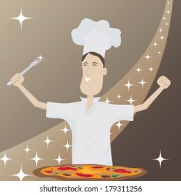 Smiling chef with large pizza