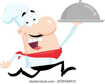 Smiling Chef Man Cartoon Character Running With Silver Platter. Vector Illustration Flat Design Isolated On Transparent Background