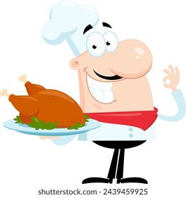 Smiling Chef Man Cartoon Character Holding Roasted Chicken. Vector Illustration Flat Design Isolated On Transparent Background