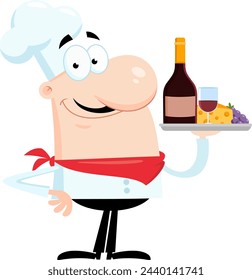 Smiling Chef Man Cartoon Character Holding Plate With Wine And Cheese. Vector Illustration Flat Design Isolated On Transparent Background