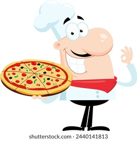 Smiling Chef Man Cartoon Character Holding A Pizza And Gesturing Ok. Vector Illustration Flat Design Isolated On Transparent Background