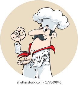 Smiling chef with mustache.