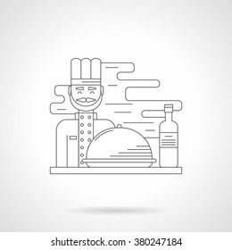 Smiling chef with mustache, dish and vine bottle. Restaurant kitchen. Hotel services. Single detailed flat line style vector icon. Web design elements for business, site, mobile app. 