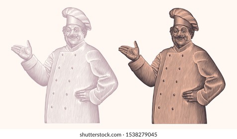 The smiling chef offers to visit the restaurant. Design set. Hand drawn engraving. Editable vector vintage illustration. Isolated on light background. 8 EPS