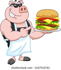 Smiling Chef Pig Cartoon Mascot Character Pointing To A Double  Hamburger Or Cheeseburger. Vector Fast Food Hand Drawn Illustration Isolated On White Background