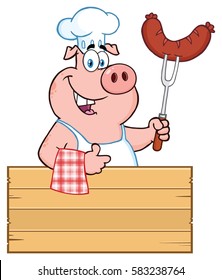 Smiling Chef Pig Cartoon Mascot Character Holding A Sausage On A Bbq Fork Over A Wooden Sign Giving A Thumb Up. Vector Illustration Isolated On White Background