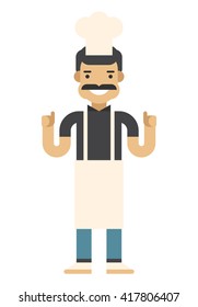 Smiling chef in pink apron and hat. Flat vector illustration isolated on white background