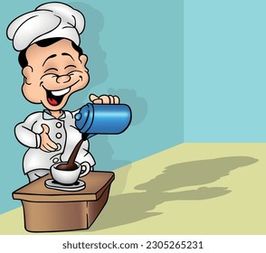 Smiling Chef Pours Coffee into a Mug - Colored Cartoon Illustration with Background, Vector