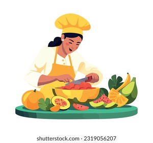 Smiling chef preparing fresh organic fruit salad icon isolated