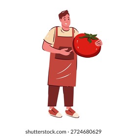 Sonriente chef con delantal rojo sosteniendo una enorme verdura de tomate que simboliza la agricultura orgánica, la nutrición vegana, la cosecha fresca y el estilo de vida de alimentos saludables, Ilustración vectorial de personajes de dibujos animados planos.
