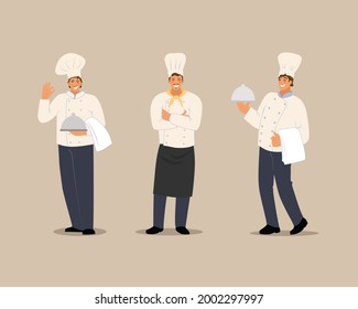 Smiling chef set. Characters in a flat style. Vector illustration on an isolated background.