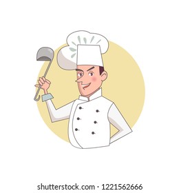 Smiling Chef with silver ladle cartoon character illustration for restaurants logo template. Cartoon character. Vector illustration