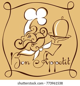 Smiling chef with a tray. Bon appétit text. Template cover menu cafe or restaurant. sketch style vector illustration
