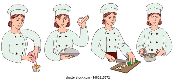 Smiling Chef in uniform and cap at work, holding silver tray, baker decorating a cake, cook holding a knife and cutting on a chopping board. Set of vector illustration on a white background