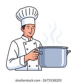 Chef sonriente en uniforme sosteniendo olla humeante, ilustración de estilo de dibujos animados, cocina, cocina, concepto culinario, alegre, preparación de alimentos.