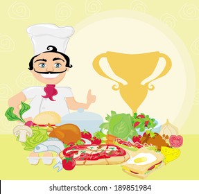 smiling chef and various dishes 