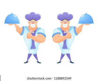Smiling Chef Vector Illustration. Chef holding a dish in a restaurant and hand showing like isolated on white background