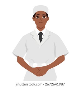 Smiling chef wearing a white uniform and hat, standing with hands clasped. Flat Vector character illustration