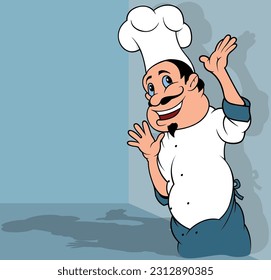 Smiling Chef in White Uniform with Gray Apron Gesticulating with his Hands - Colored Cartoon Illustration with Background, Vector