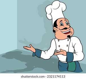Chef sonriente con uniforme blanco apuntando con sus manos - Ilustración de dibujos en color con fondo, vector