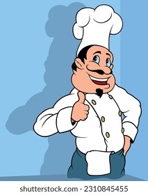 Chef sonriente con uniforme blanco que muestra el dedo gordo - Ilustración de dibujos animados de color con fondo, vector