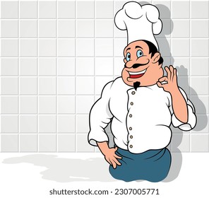 A Smiling Chef in a White Uniform Shows with his Hand that Food is a Delicacy - Colored Cartoon Illustration with Background, Vector