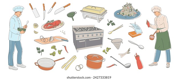 smiling chefs preparing food and a set of elements about cooking in a restaurant, pot, frying pan, colander, vegetables, knives, gas stove
