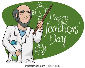 Smiling chemistry old man educator in class celebrating with his students Teachers' Day.